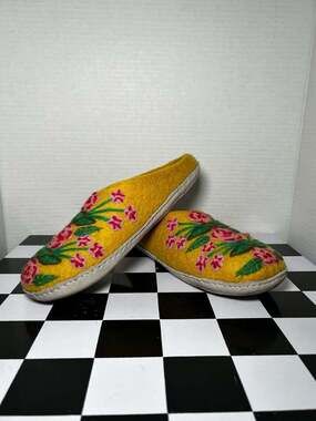 French Knot Secret Garden Embroidered 100% Wool Slippers, Mustard Floral